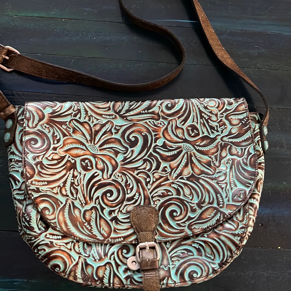 Patricia Nash Floral Embossed Leather Bag - Brown and Turquoise